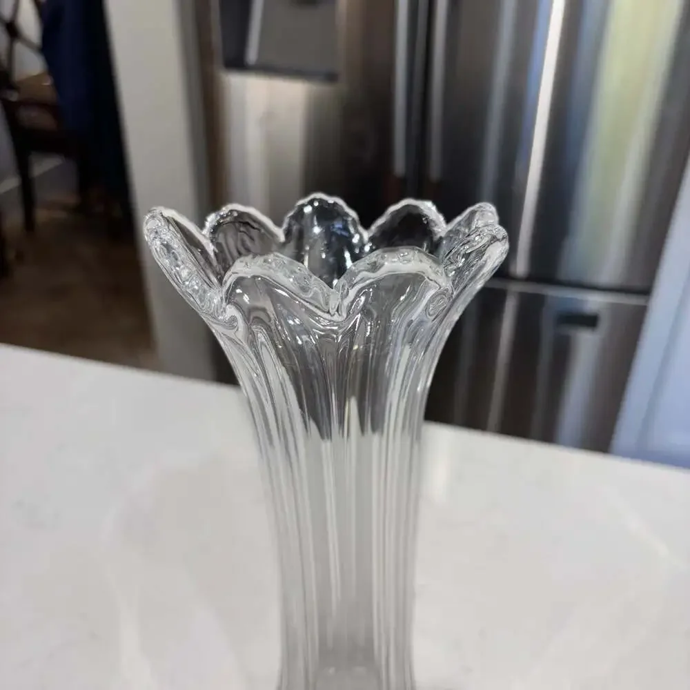 Vintage EAPG Clear Glass Swung Finger Vase with Starburst Base 13”